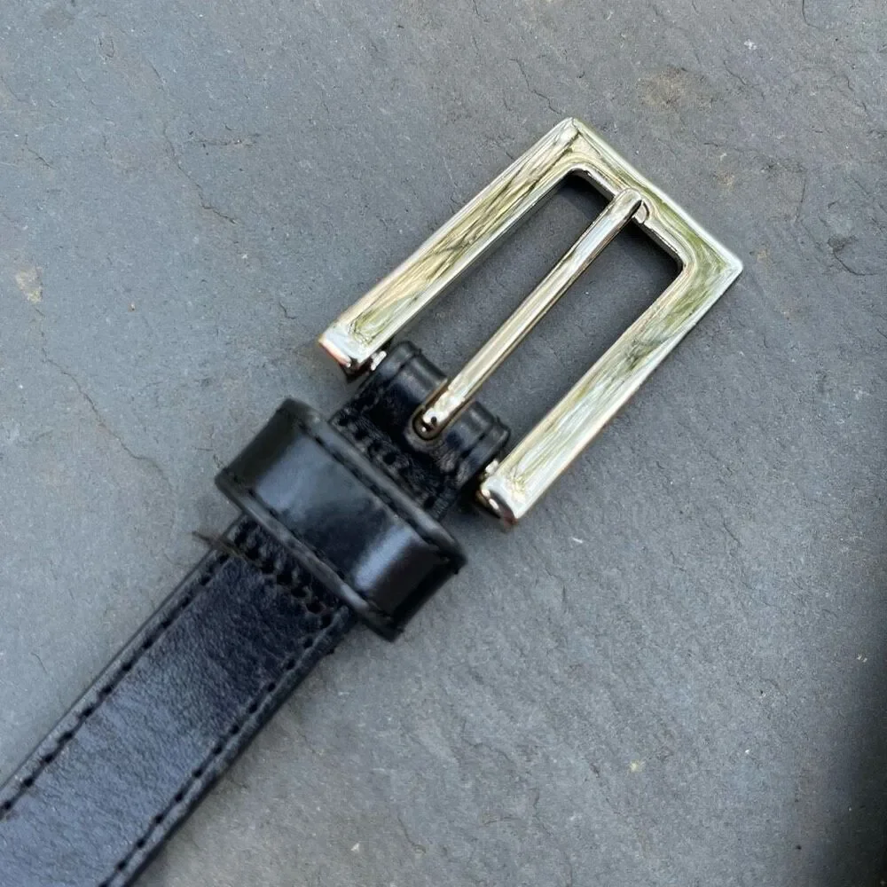 Vintage Eddie Bauer Black Leather Belt L Silver Buckle Link Detail 29–33